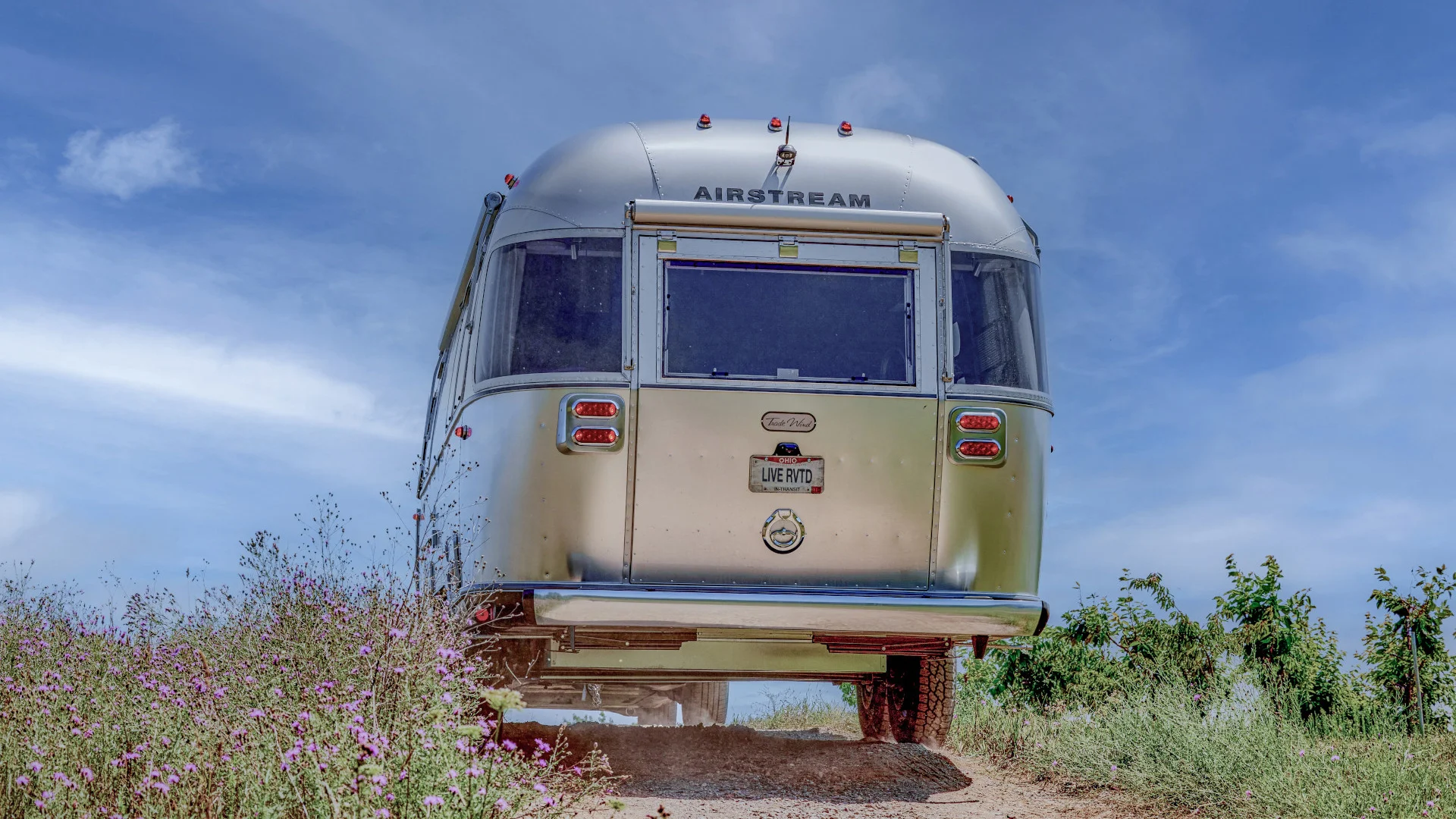 A shiny, silver Airstream trailer captured from behind, set against a blue sky and surrounded by wildflowers.