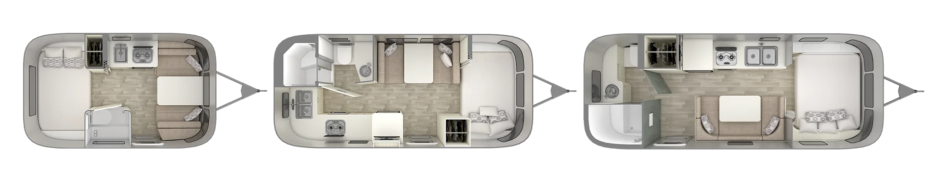 Three RV floor plans with beds, kitchens, seating, and bathrooms, showcasing different interior layouts and designs.
