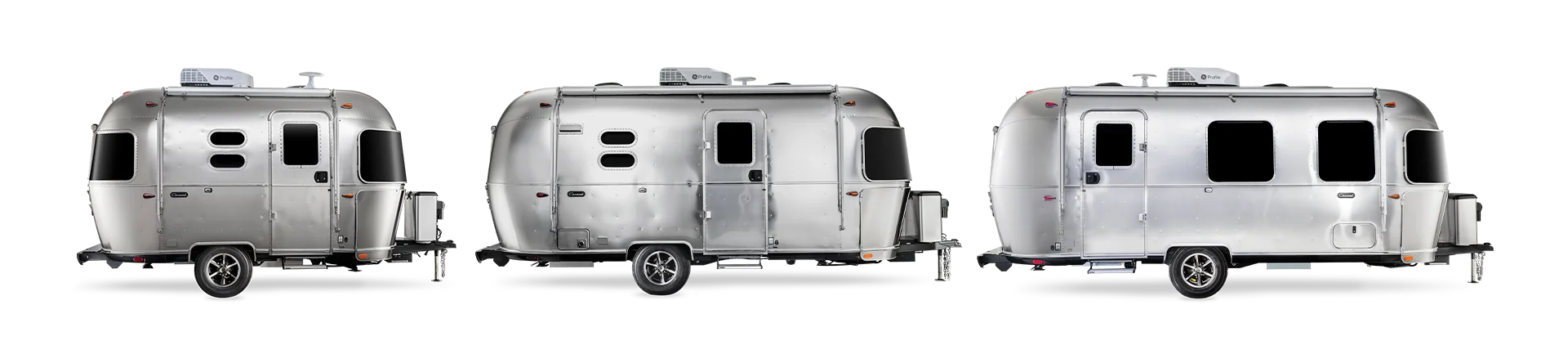 Three silver travel trailers are displayed in side views, showcasing their sleek, rounded design with multiple windows and roof-mounted vents.