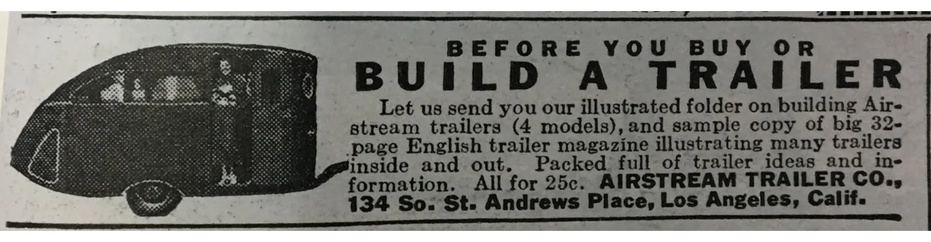 Vintage ad for Airstream Trailers offering design and information folder for 25 cents. Includes an illustration of a classic trailer.