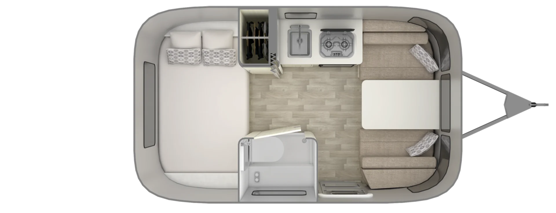 Top view of a compact caravan interior, featuring a bed, kitchenette with stove and sink, small dining area, and bathroom with shower.