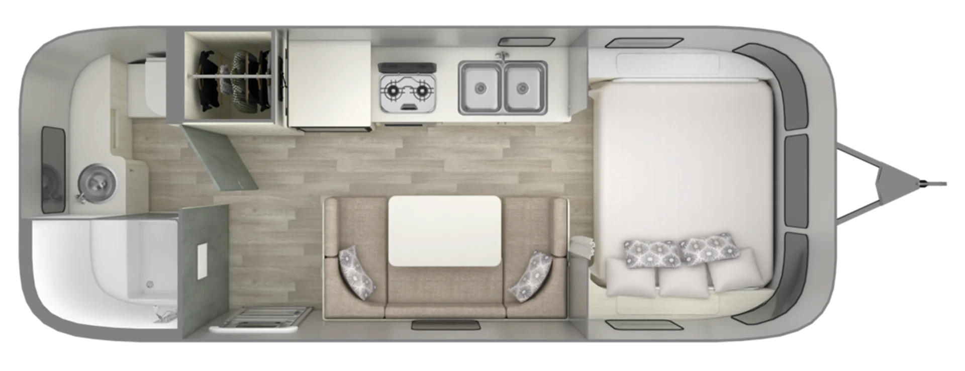 Top view of a compact RV interior layout showing a bed, kitchenette with sink and stove, seating area with table, and a small bathroom.