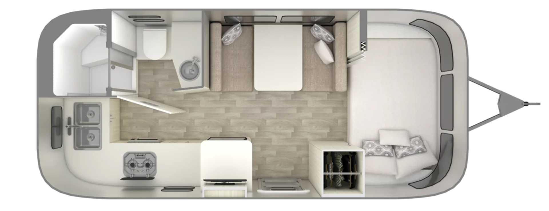 Top view of a compact caravan interior, featuring a kitchenette, bathroom, seating area, and storage, with a minimalist design and light wood flooring.