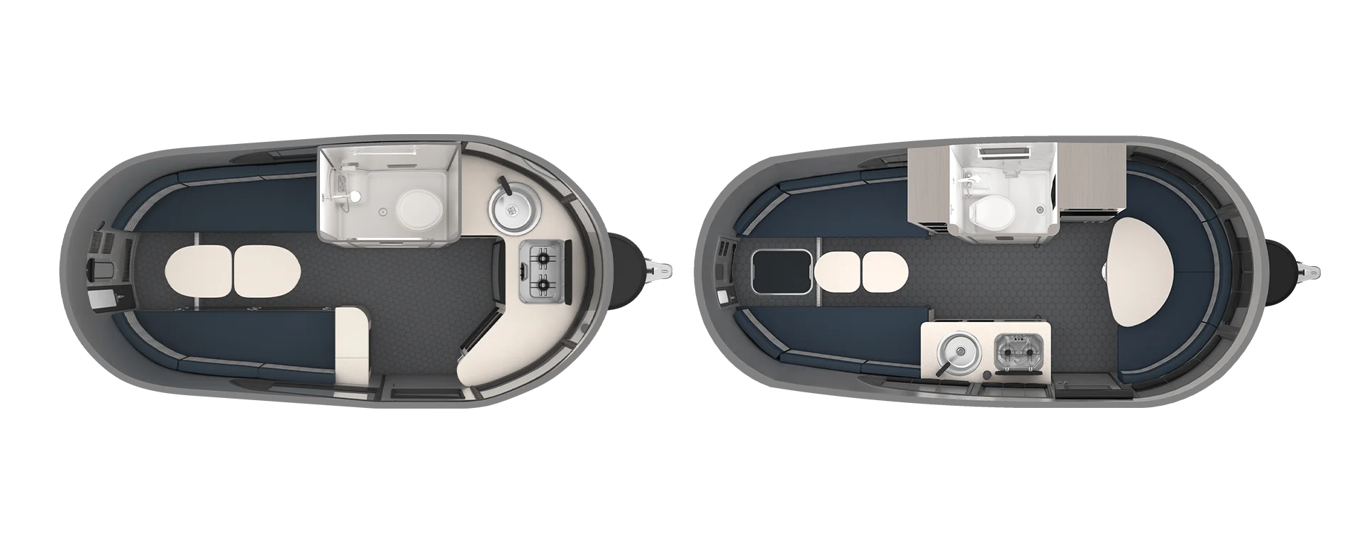 Floor plans of two compact trailers with seating, kitchen, toilet, and storage areas, showcasing efficient interior arrangements.