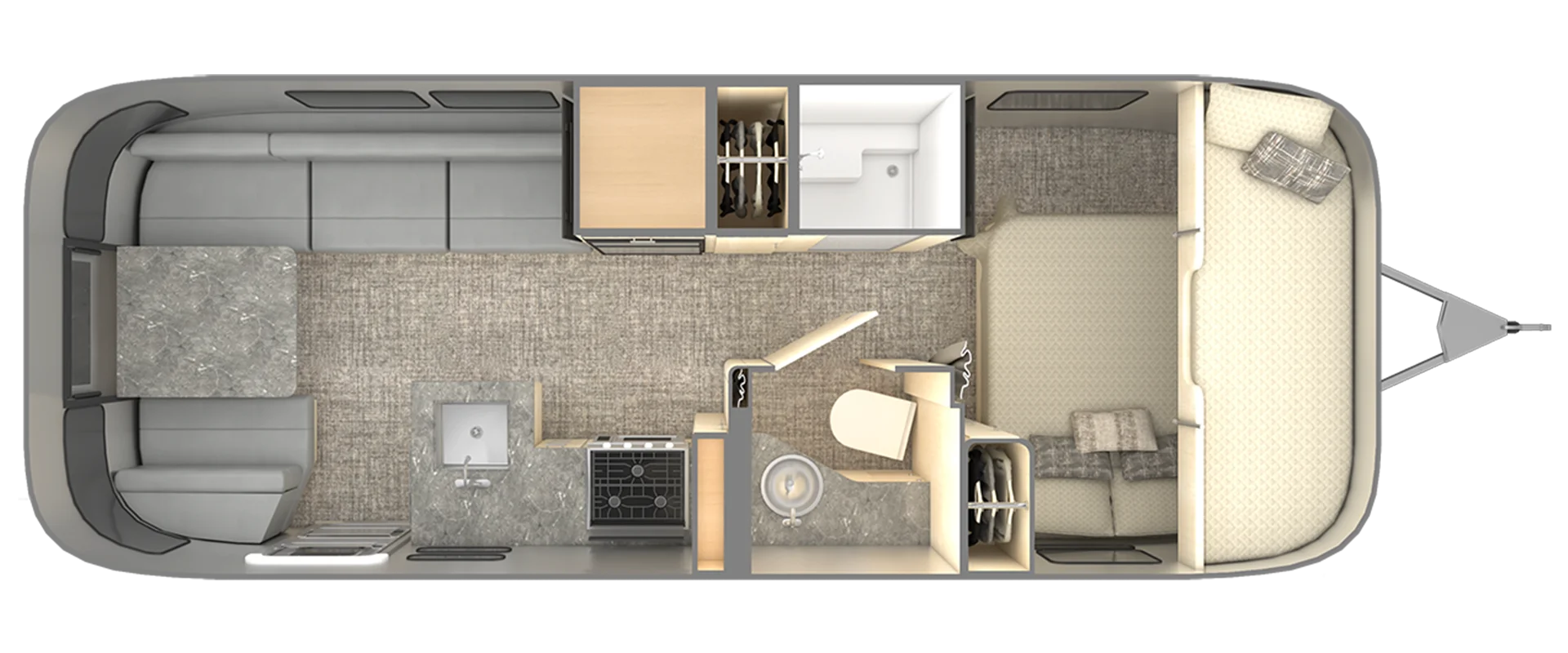 Top-down view of an RV interior layout showing a bed, bathroom, kitchen, dining area, and seating, with wood and neutral finishes and various appliances and fixtures visible.