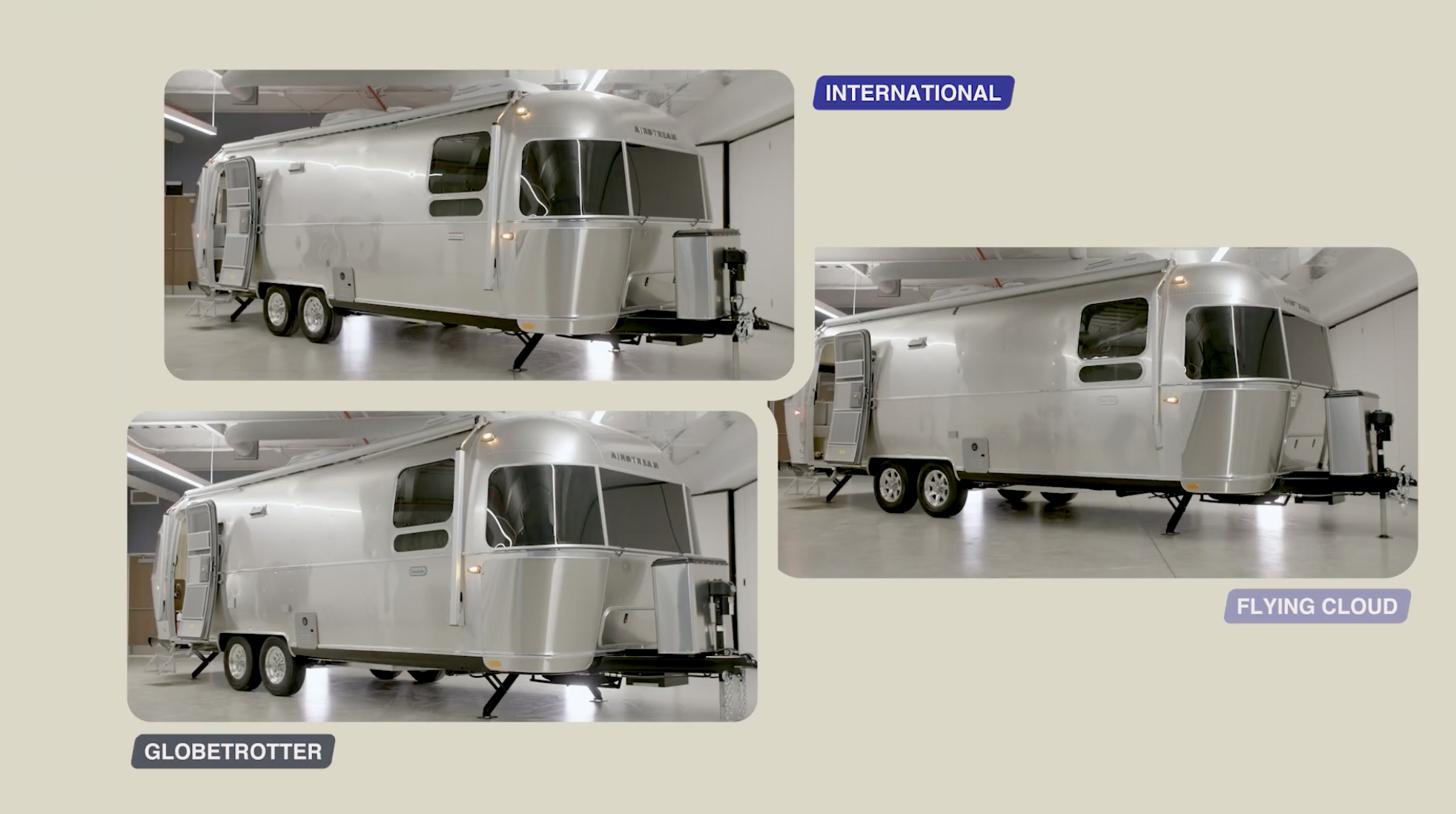 Three Airstream trailers in a showroom: top right is labeled "International," bottom left "Globetrotter," and bottom right "Flying Cloud."