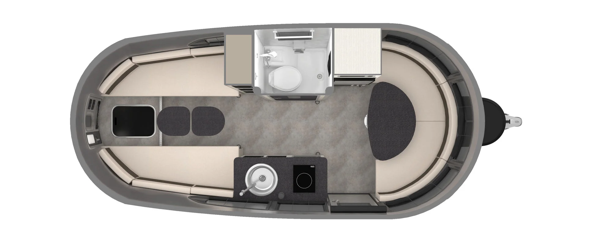 Top view of a compact camper interior with a kitchen, sink, stove, bathroom with toilet and sink, and seating areas in a circular layout.