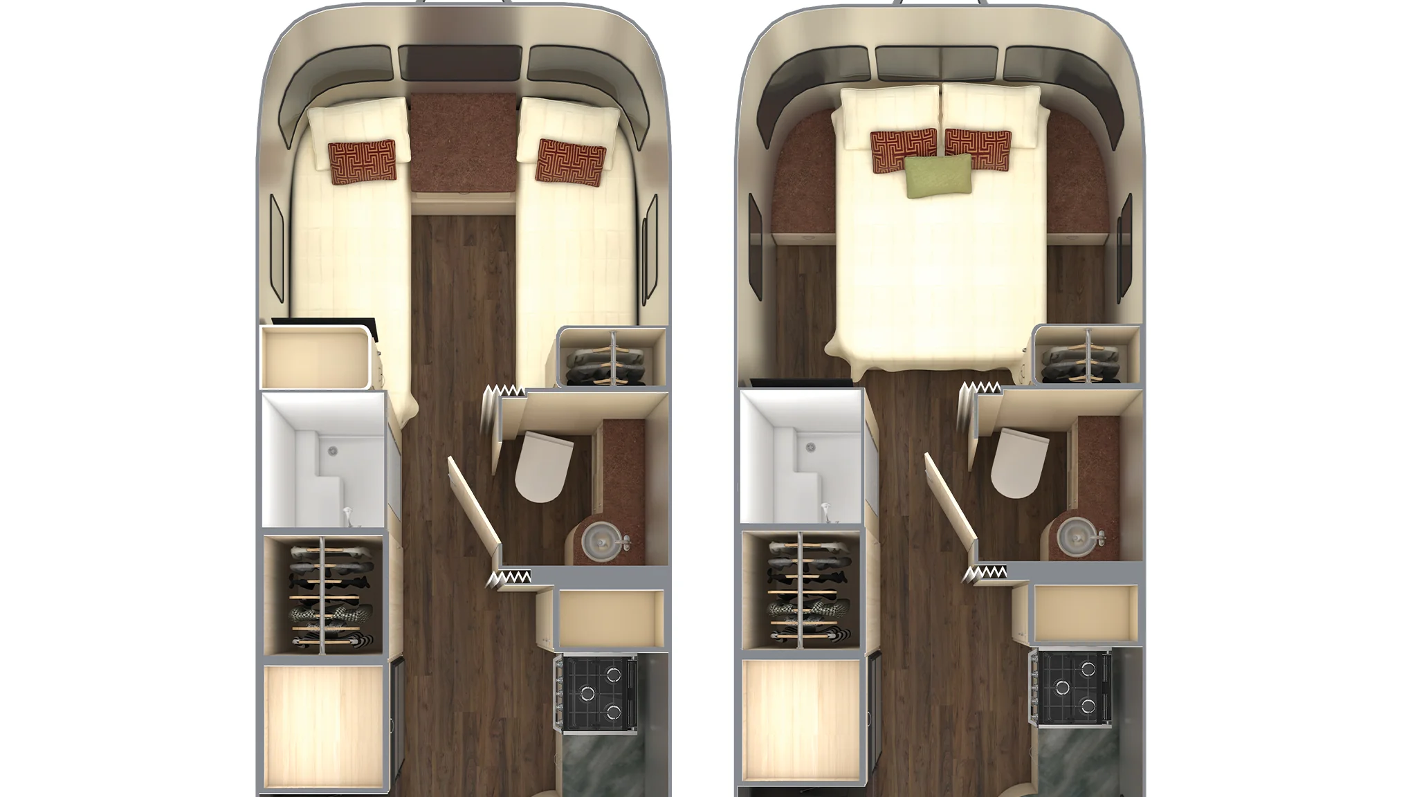 Top-down view of two RV interior layouts: one with twin beds and the other with a queen bed. Both show a kitchen, bathroom, and storage areas, featuring similar layouts but different sleeping arrangements.