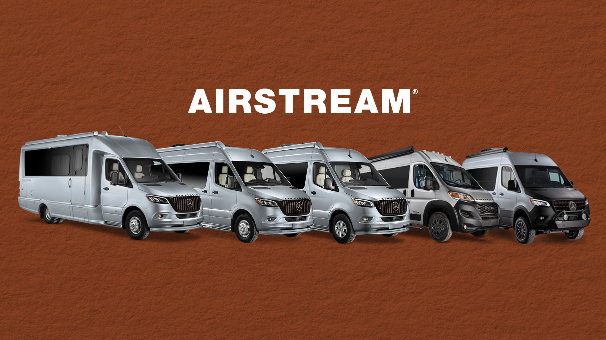 Five Airstream camper vans displayed on a textured brown background, showcasing different models and sizes.