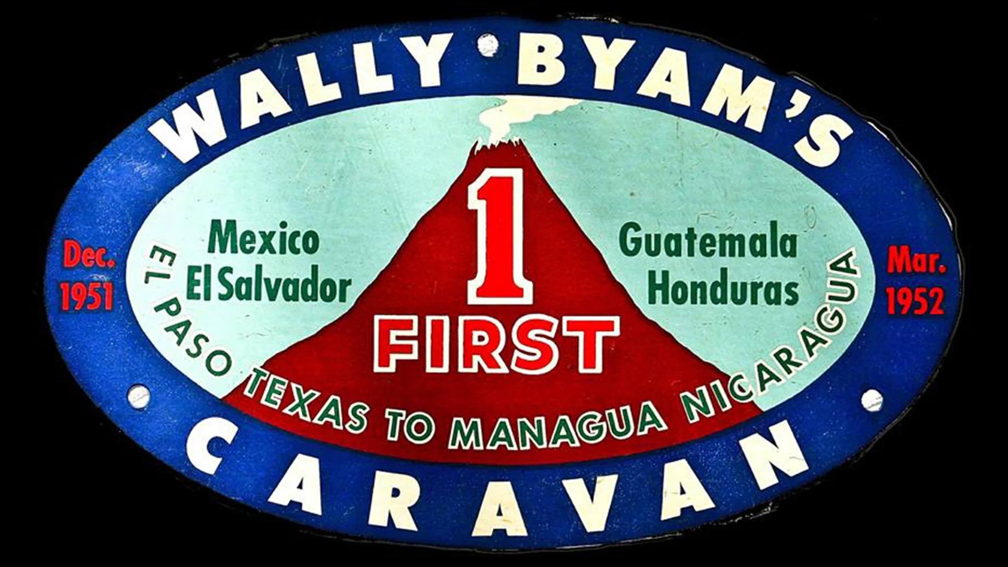 Vintage sign for "Wally Byam's Caravan" featuring a red volcano and dates from Dec. 1951 to Mar. 1952, listing Mexico and Central America.