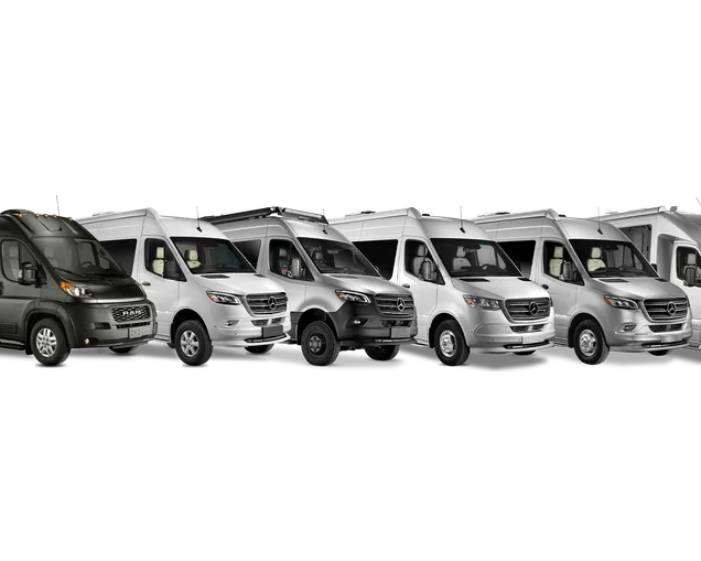 Airstream-Touring-Coach-Lineup|AIRMKT 2021 Interstate 24GL Exterior Front 3 Qtr Arctic White 65281 WEB|AIRMKT 2021 Interstate 24GL Lounge Interior - Modern Greige F2B 68659 WEB|AIRMKT-2024-Interstate-19-Exterior-Tenorite-Grey-3-Qtr-Configurator