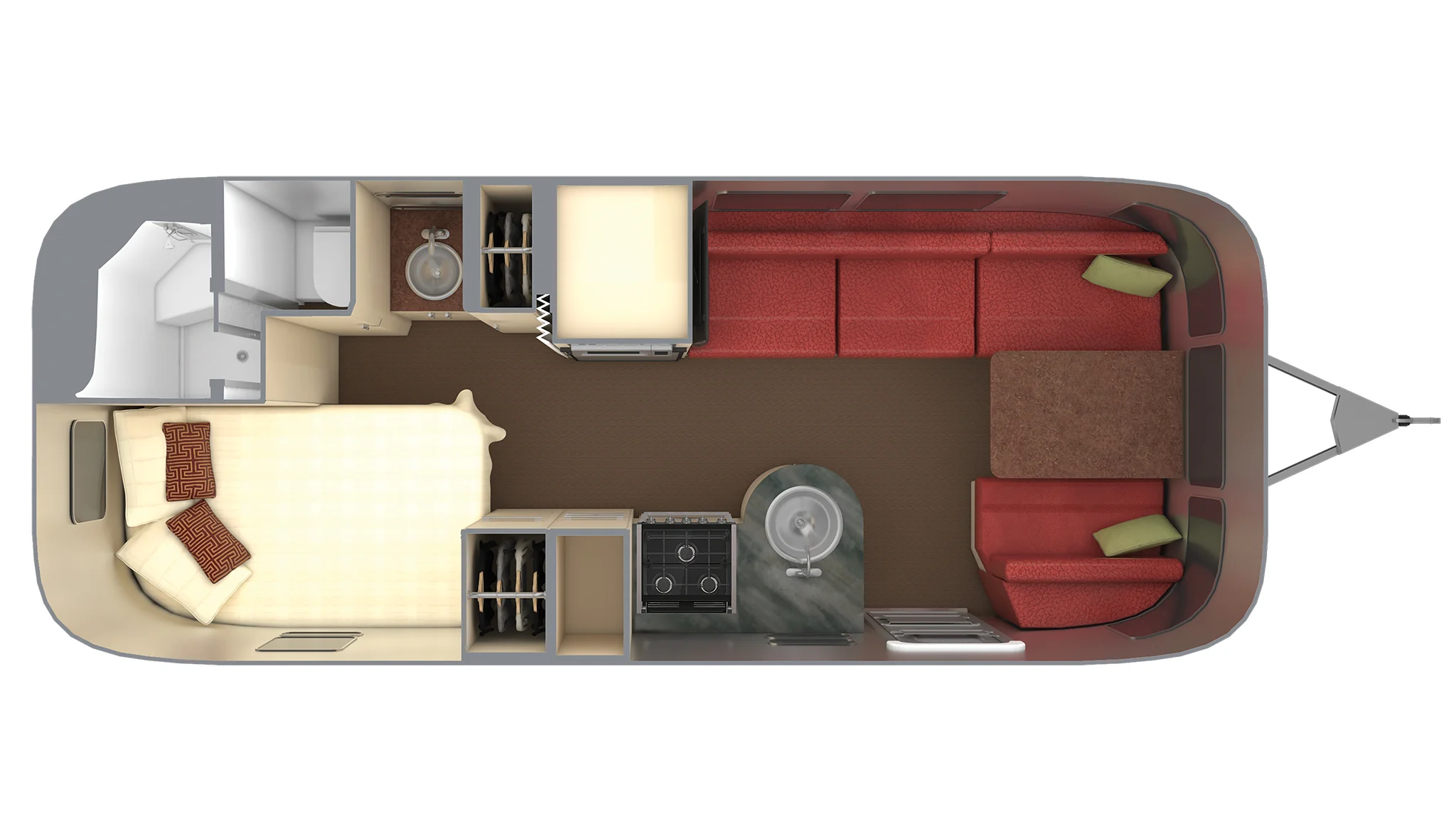 Top-down view of an RV interior layout featuring a bed, kitchen area with stove and sink, refrigerator, bathroom, dining table with seating, and a lounge area with couches and cushions.