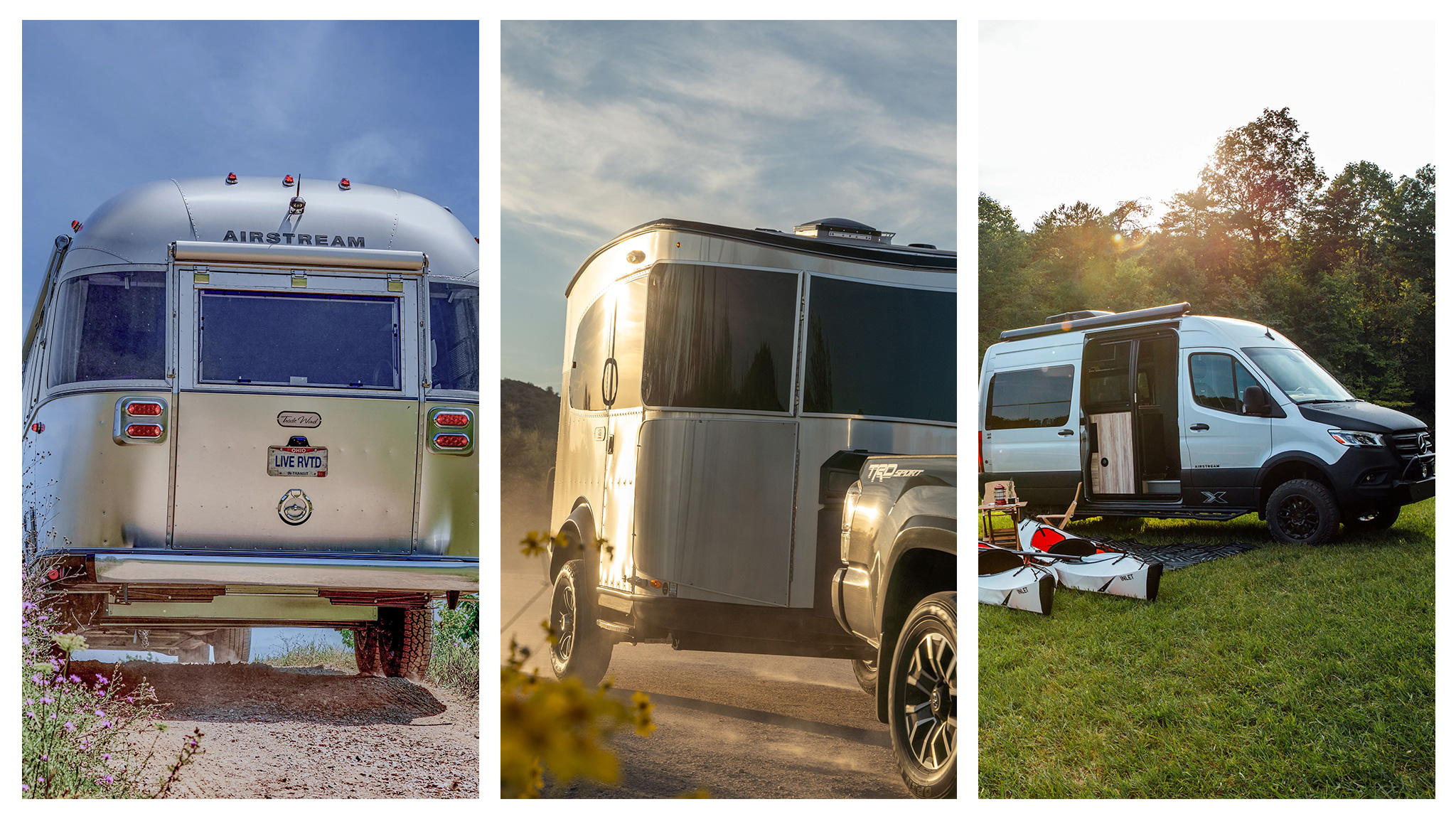 Three silver RVs in different settings: a rear view near a trail, a side view on a dirt road, and a camper van in a grassy area with sunlight.