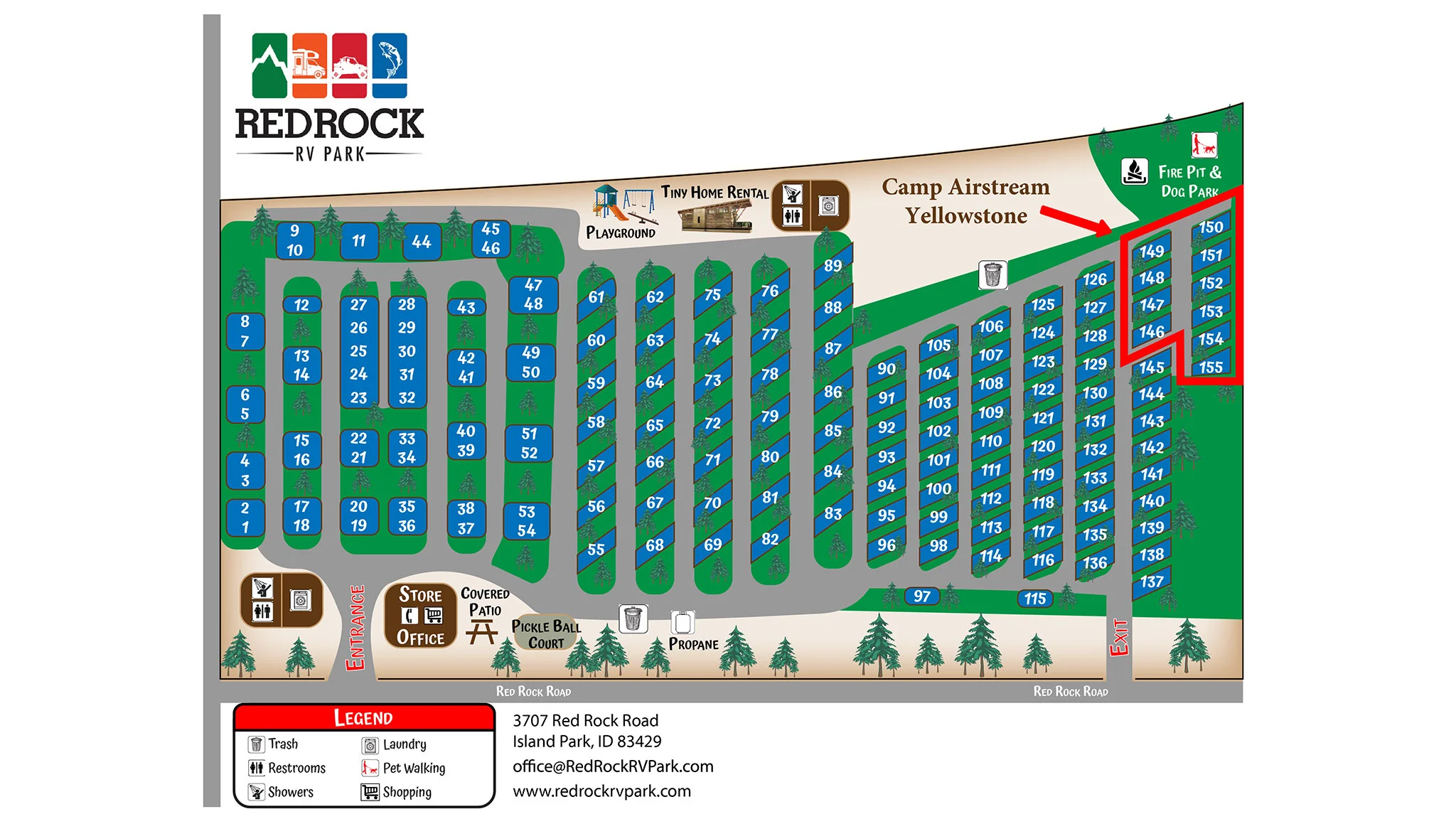 Map of Redrock RV Park showing numbered lots, facilities, and a legend with location details at the bottom.
