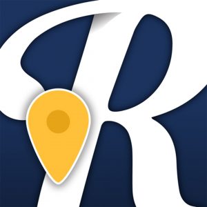 A stylized white letter "R" on a dark blue background with a yellow map pin overlay.