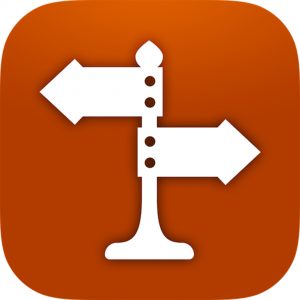 White direction sign icon with two arrows pointing left and right on orange background.