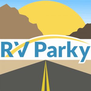 Logo with "RV Parky" text, showing a sun setting behind brown mountains and a road stretching toward the horizon.