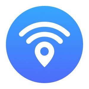 A blue circular icon with a white Wi-Fi signal above a location pin symbol.