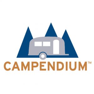 Logo with a silver camper in front of blue mountain peaks, above the word "Campendium" in capital letters.