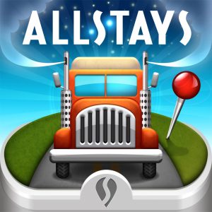 Icon of a red truck in front of a road and red location pin, with the word "AllStays" in bold above the truck.