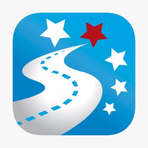 A blue square icon featuring a winding road with dashed lines, surrounded by four white stars and one red star.