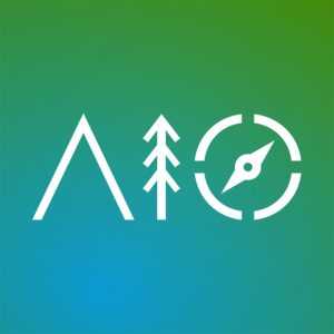 White symbols of a tent, tree, and compass on a blue-to-green gradient background.