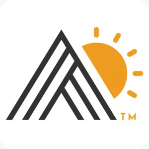 Stylized mountain logo with a sun rising behind it, featuring bold black lines and an orange sun.