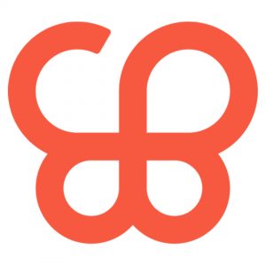 An orange abstract logo resembling a stylized letter "B" intertwined with a mirrored shape on a white background.