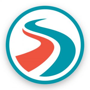Curved red and teal road symbol inside a white circle with a teal border.