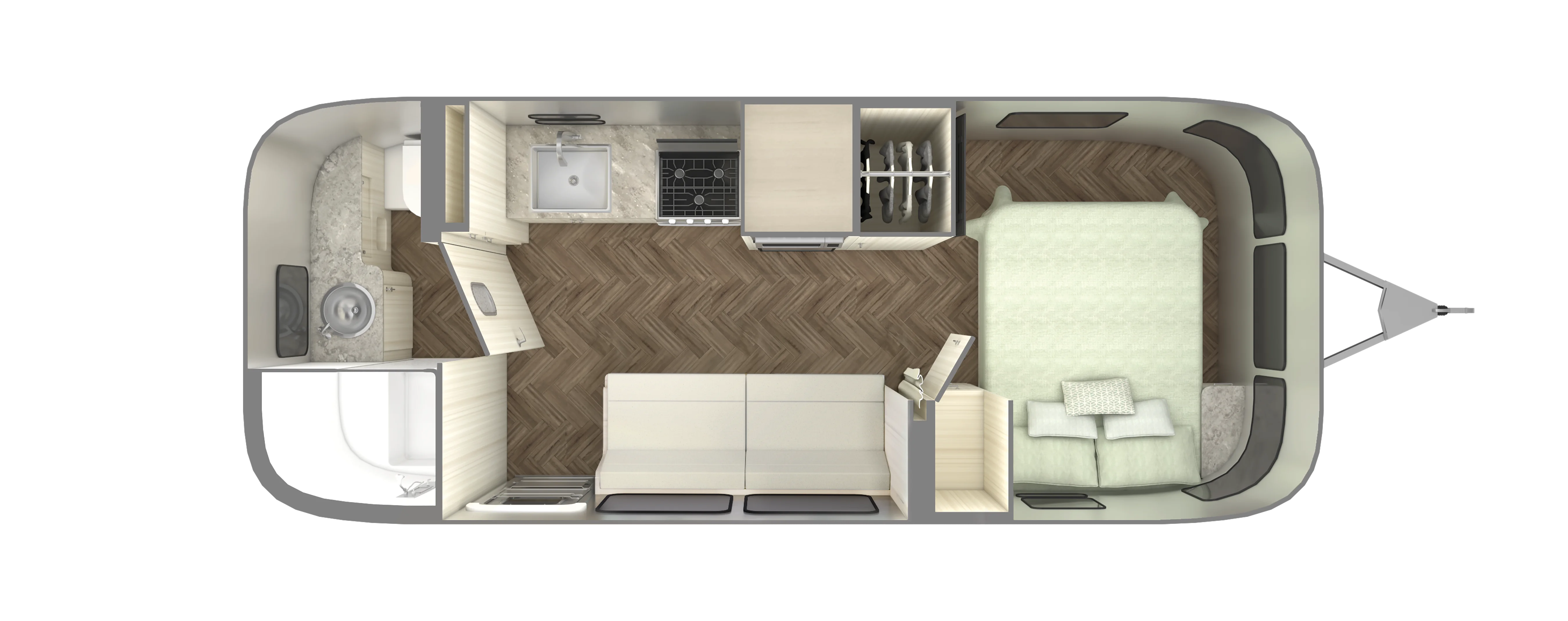Top view of a compact camper interior with a bed, kitchen area, sofa, storage, and wooden flooring, featuring a modern, efficient layout.