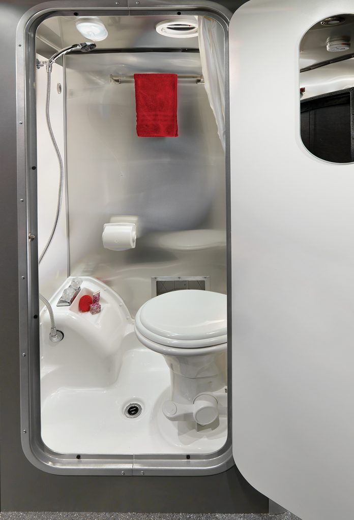 Compact bathroom with showerhead, white toilet, red towel, and toiletries on a shelf. Silver walls and ceiling light complete the space.