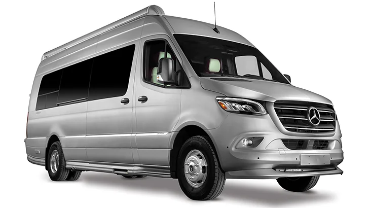 Silver Mercedes-Benz Sprinter van on a white background, showing a front-side view with tinted windows and sleek design.