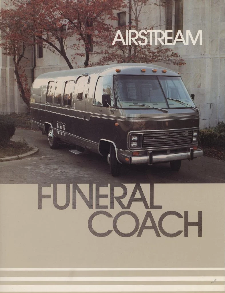 A vintage Airstream funeral coach parked outside a building, with autumn trees in the background and the title in bold letters above it.