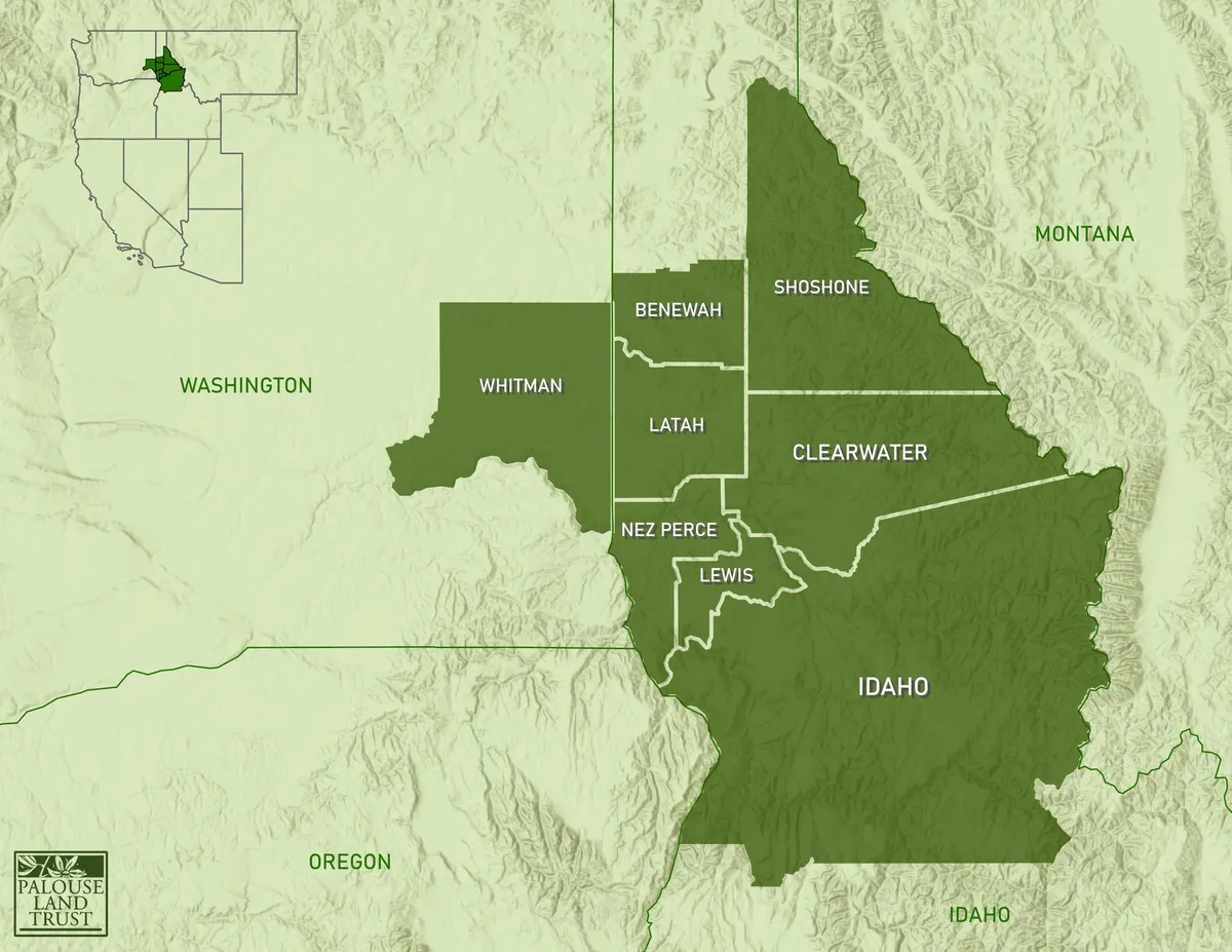 Map highlighting counties in the Palouse region of Idaho and Washington, including Whitman, Latah, and Clearwater, that Palouse Land Trust serves.