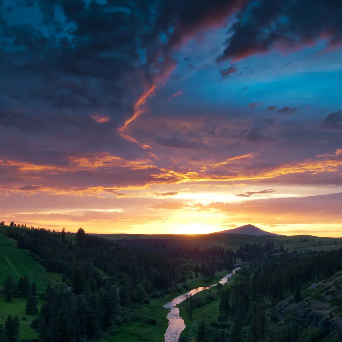 Sunset over a lush green landscape with a winding river and silhouetted trees, under a dramatic sky with clouds illuminated in shades of orange and purple.