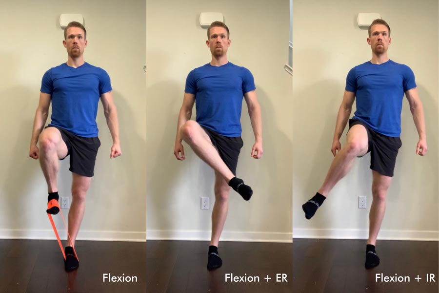 null man performing standing hip flexor march exercise