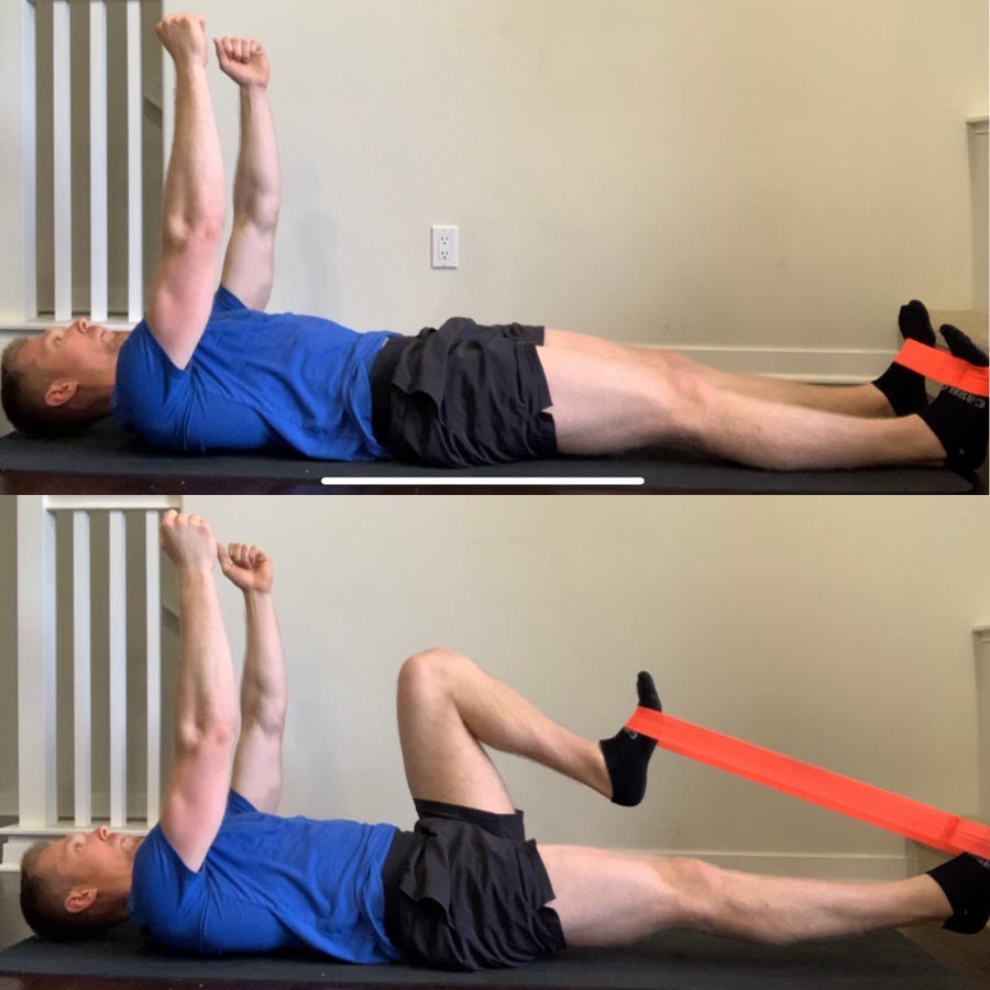 null man performing supine hip flexor march exercise