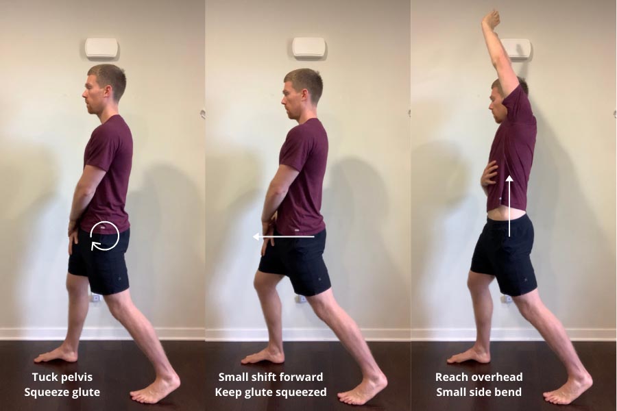 man performing standing hip flexor stretch