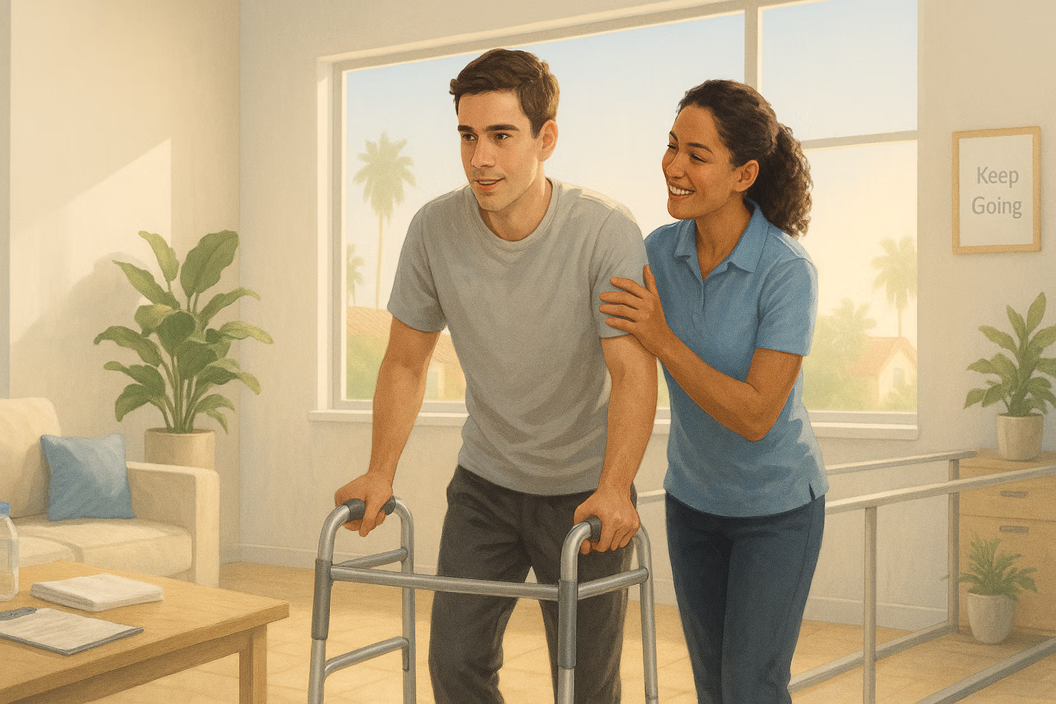 Man on a walker with a physical therapist working on recovery. He is able to do this because of living benefits