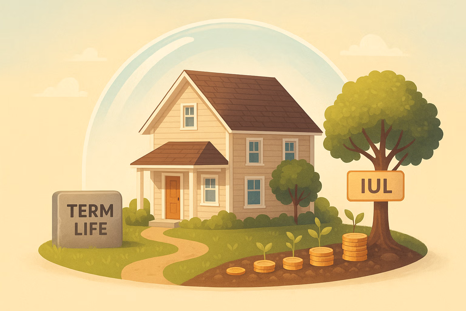 A house inside a bubble with depictions of term life and IUL on the outside to give a representation of what is mortgage protection.