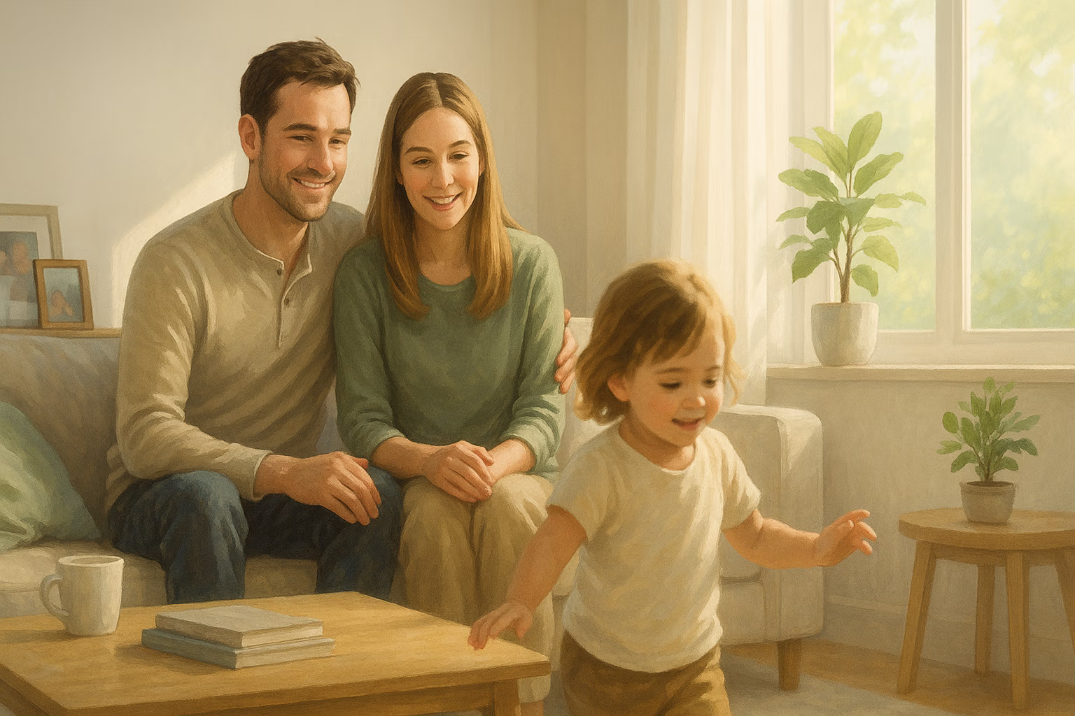 A couple with a boy toddler inside a home to depict peace for what is whole life insurance?
