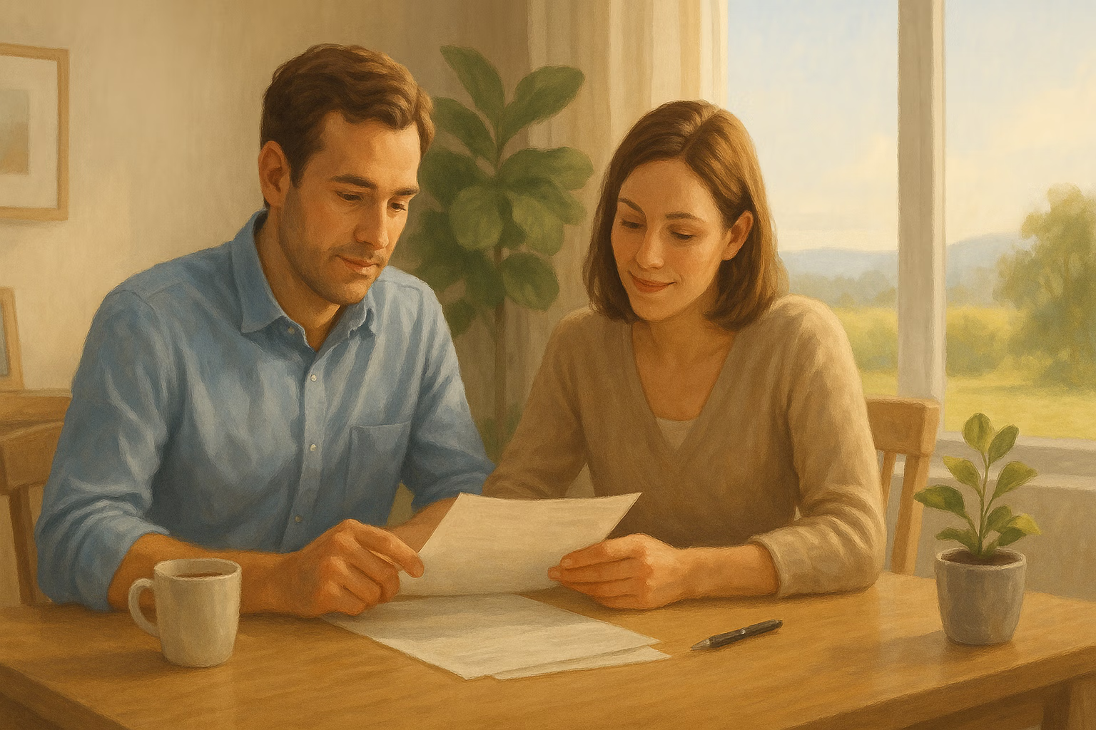 A couple look at paperwork to give imagery for permanent life insurance