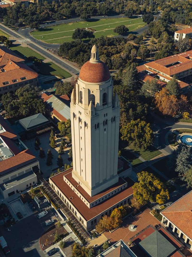 Hoover tower and the surrounding area from above.