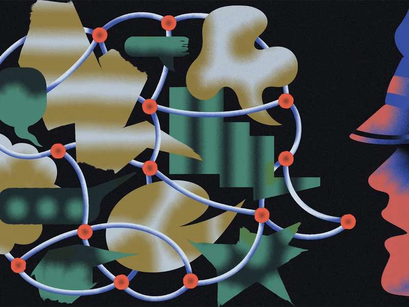 Abstract illustration with vibrant shapes, lines, and a silhouette of a police officer, suggesting communication and interaction.