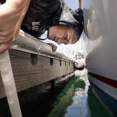 A person reaches over a dock to interact with the water alongside a boat, with reflections visible in the calm water.