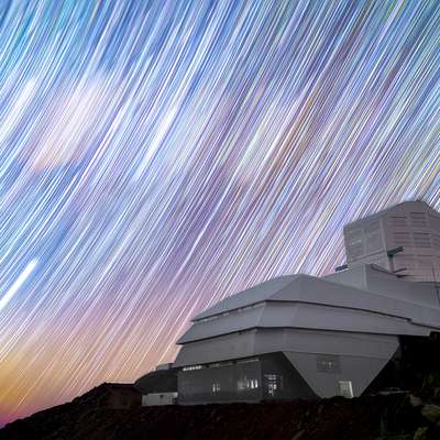 A long exposure shot of Rubin Observatory at night.