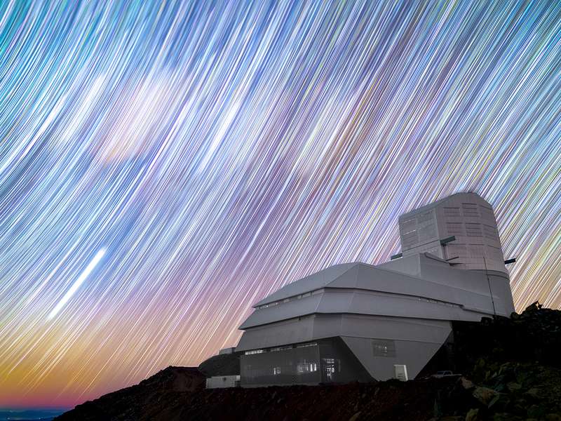 A long exposure shot of Rubin Observatory at night.