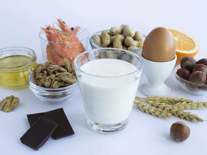 A variety of foods including shrimp, nuts, an egg, milk, chocolate, and an orange are arranged on a light background.