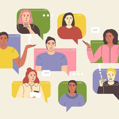Illustration of eight diverse people at colorful backgrounds shaped like speech bubbles, chatting and gesturing.