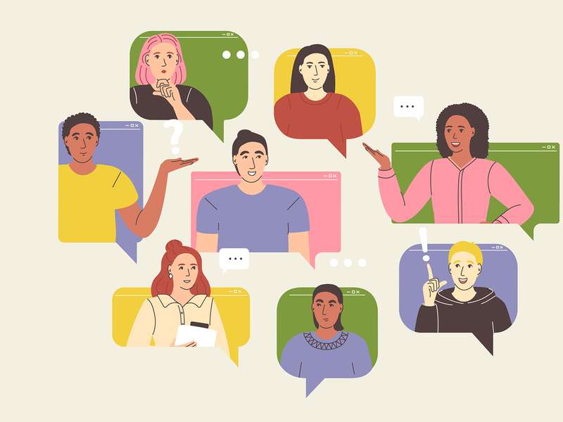 Illustration of eight diverse people at colorful backgrounds shaped like speech bubbles, chatting and gesturing.